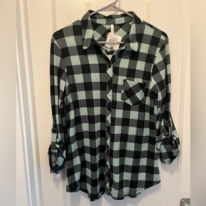 Nadine West Stretch Button Up Mint Green/Black Houndstooth Plaid Checkered